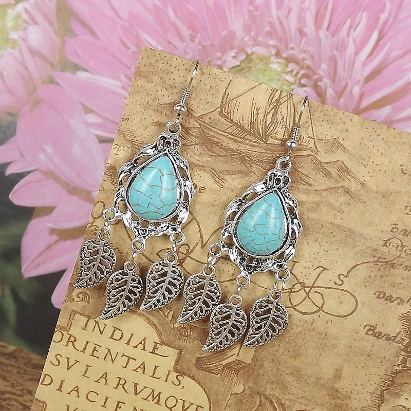 Wholesale Miao Silver Ethnic Style Retro Turquoise Water Drop Earrings