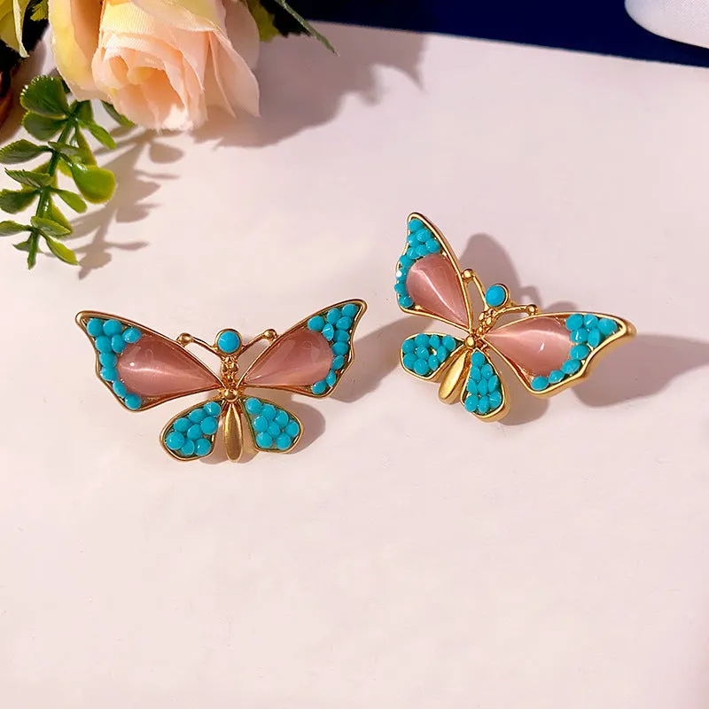 Wholesale Middle Antique Glazed Butterfly Diamond Dumb Gold Alloy Earrings