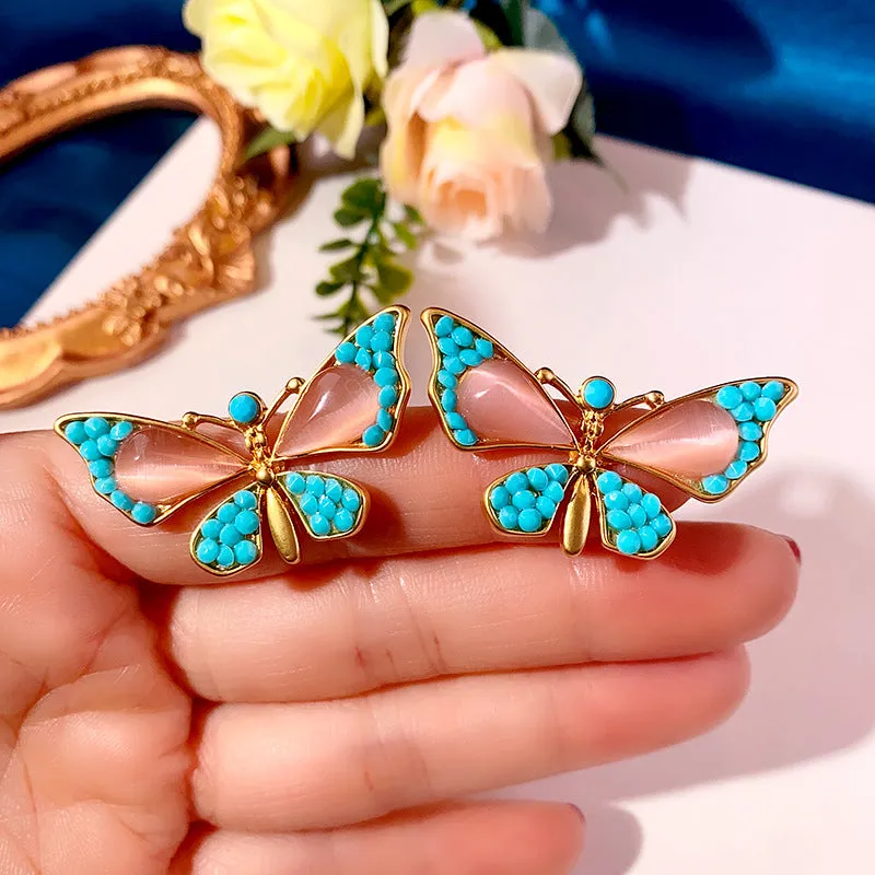 Wholesale Middle Antique Glazed Butterfly Diamond Dumb Gold Alloy Earrings