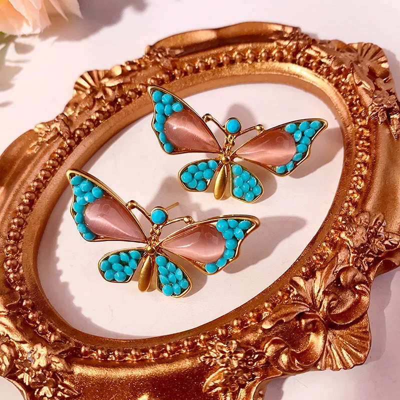 Wholesale Middle Antique Glazed Butterfly Diamond Dumb Gold Alloy Earrings