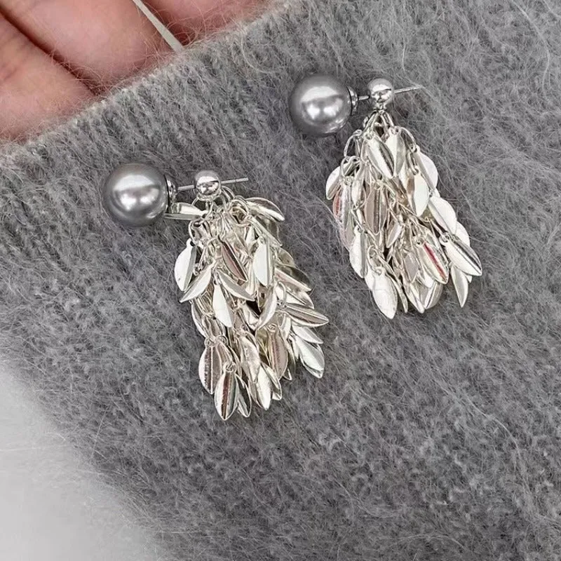 Wholesale Minimalist Wheat Tassels Gray Pearl Earrings