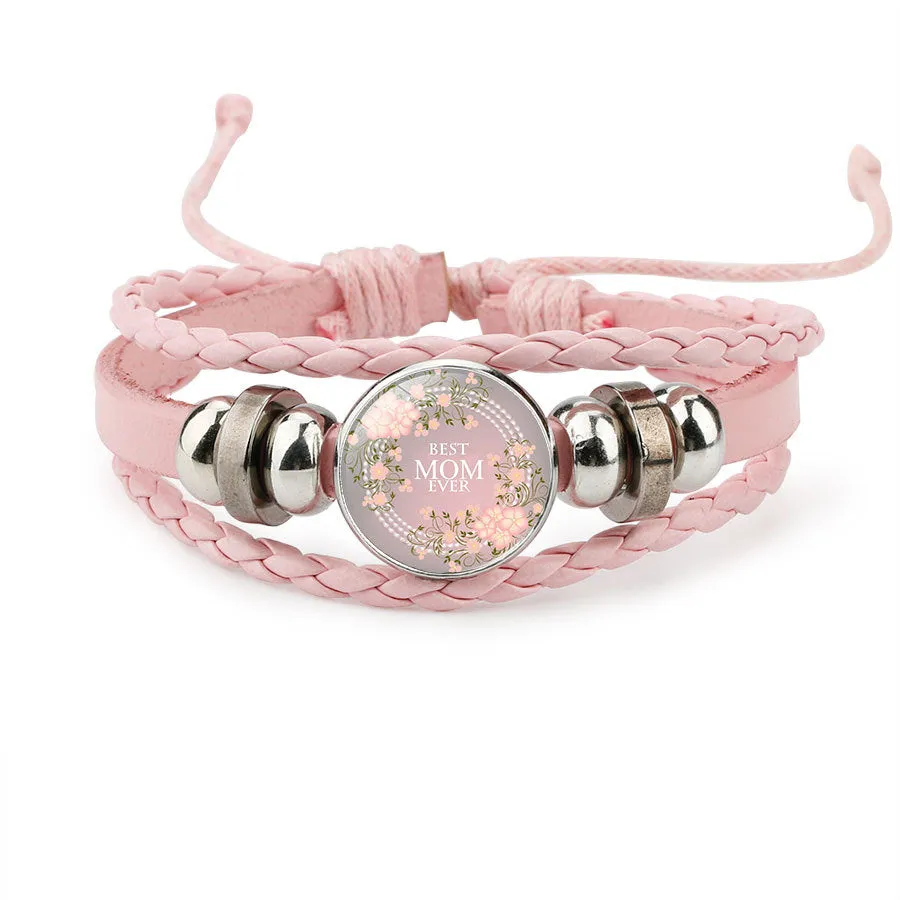Wholesale MOM Love Handmade Beaded Rope Cowhide Bracelet
