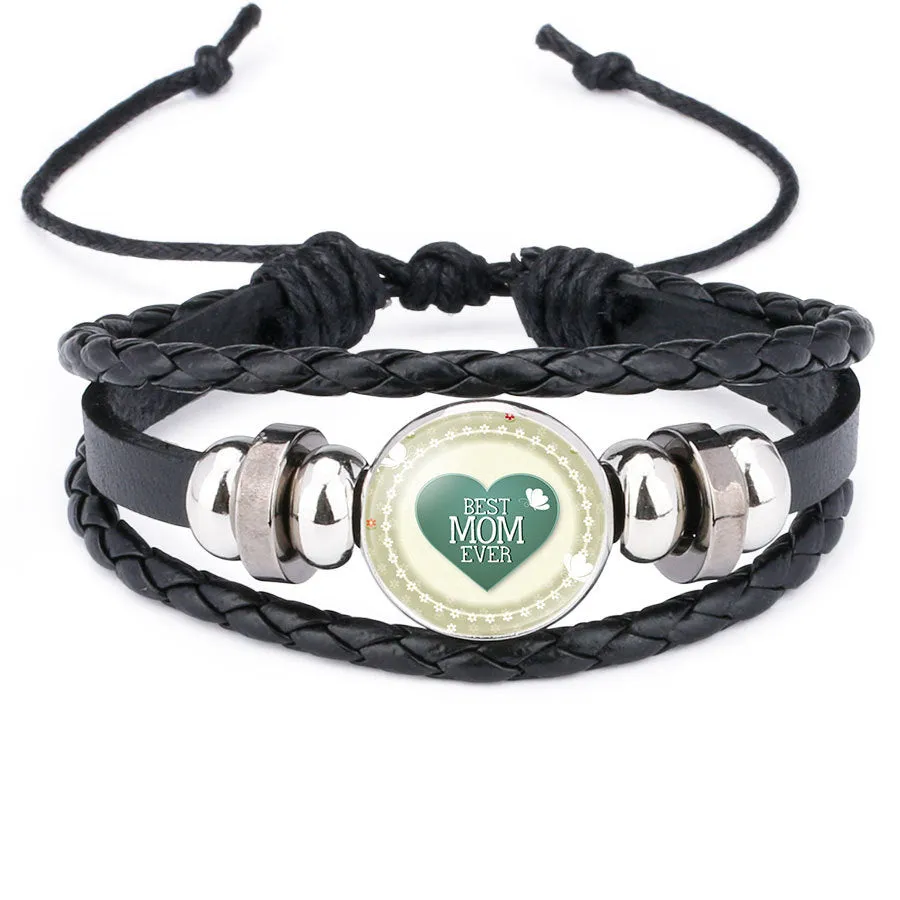 Wholesale MOM Love Handmade Beaded Rope Cowhide Bracelet