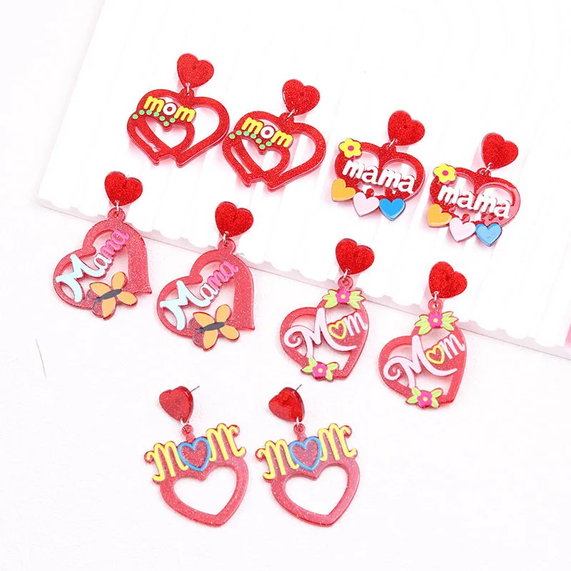Wholesale Mother's Day Acrylic Hollow Red Heart Earrings