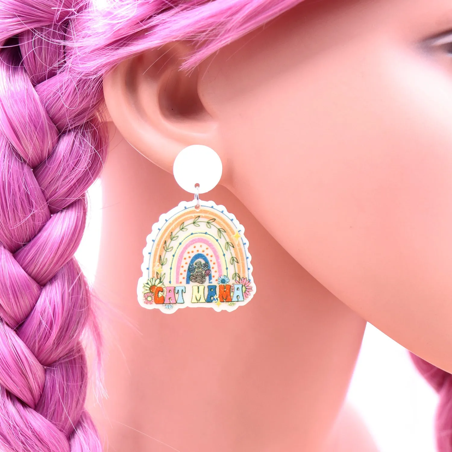 Wholesale Mother's Day Acrylic Rainbow Cat Mama Earrings
