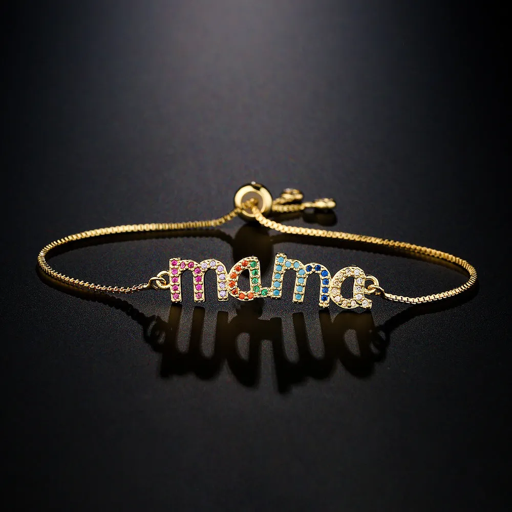 Wholesale Mother's Day Copper Pull Adjustable Gold Color Zirconium MAMA Bracelet