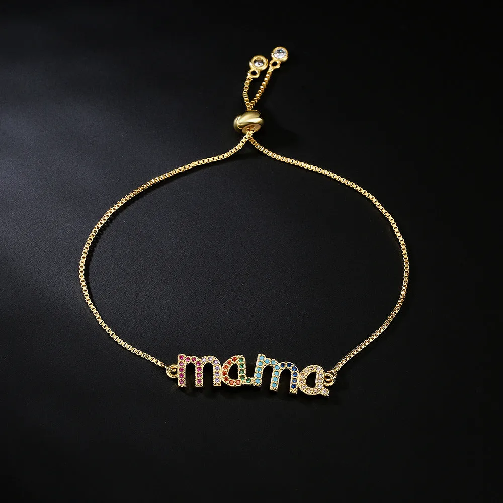 Wholesale Mother's Day Copper Pull Adjustable Gold Color Zirconium MAMA Bracelet