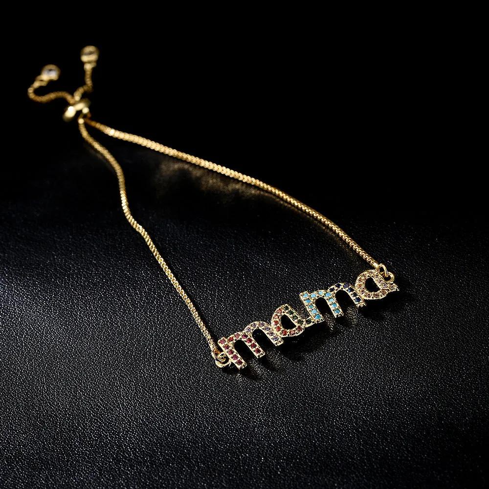 Wholesale Mother's Day Copper Pull Adjustable Gold Color Zirconium MAMA Bracelet
