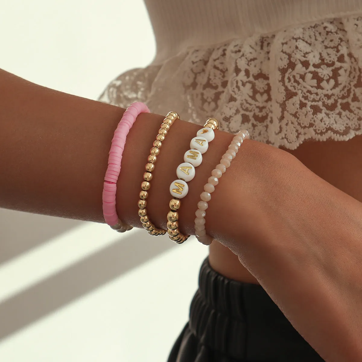 Wholesale Mother's Day Mama Contrast Color Stacking Beaded Bracelet