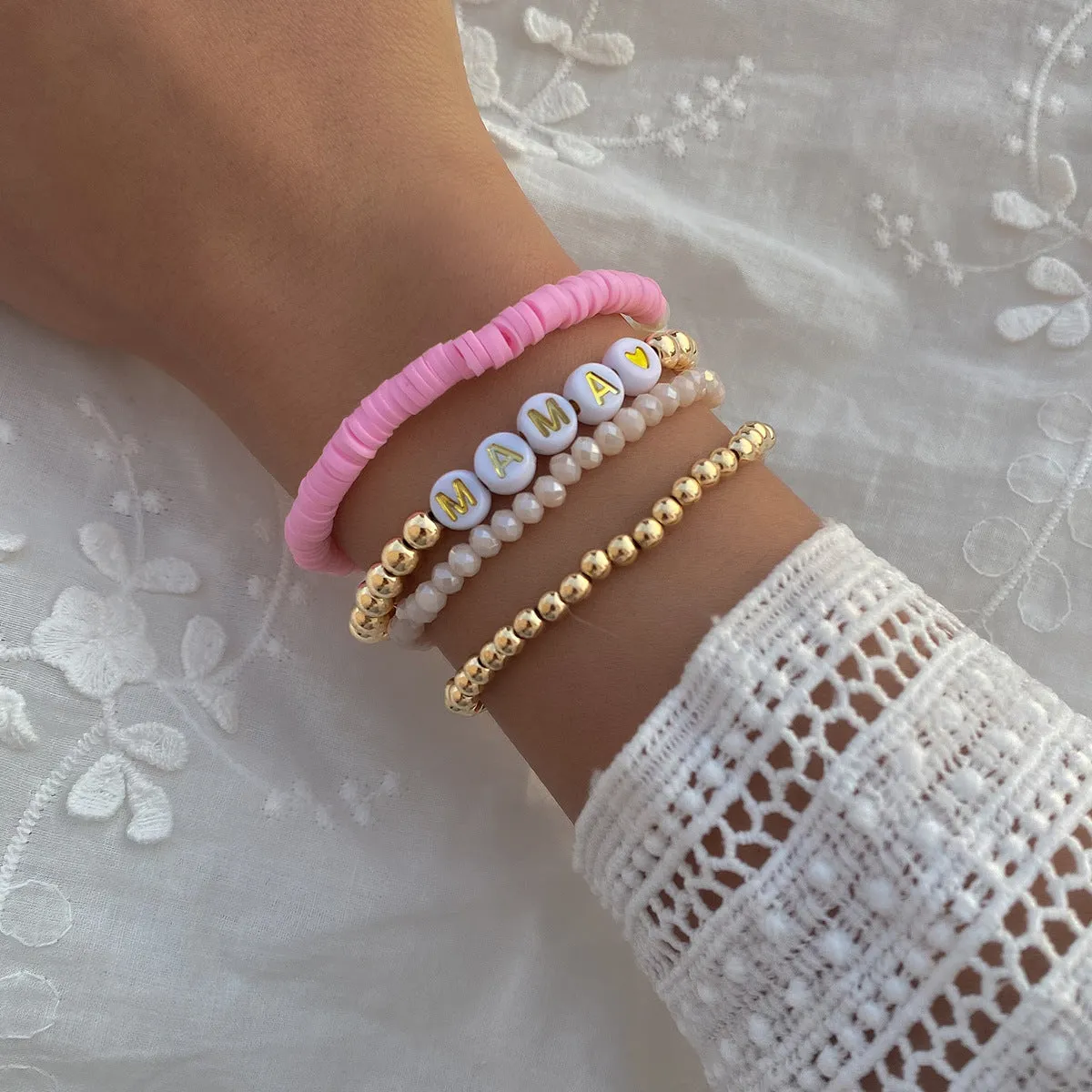 Wholesale Mother's Day Mama Contrast Color Stacking Beaded Bracelet