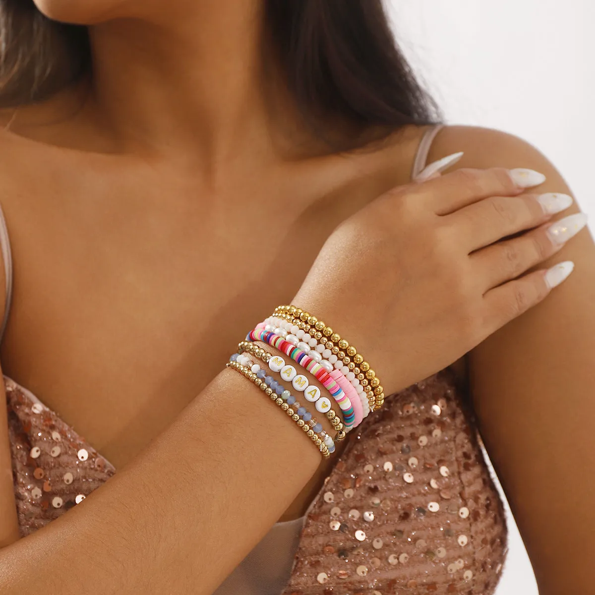 Wholesale Mother's Day Mama Contrast Color Stacking Beaded Bracelet