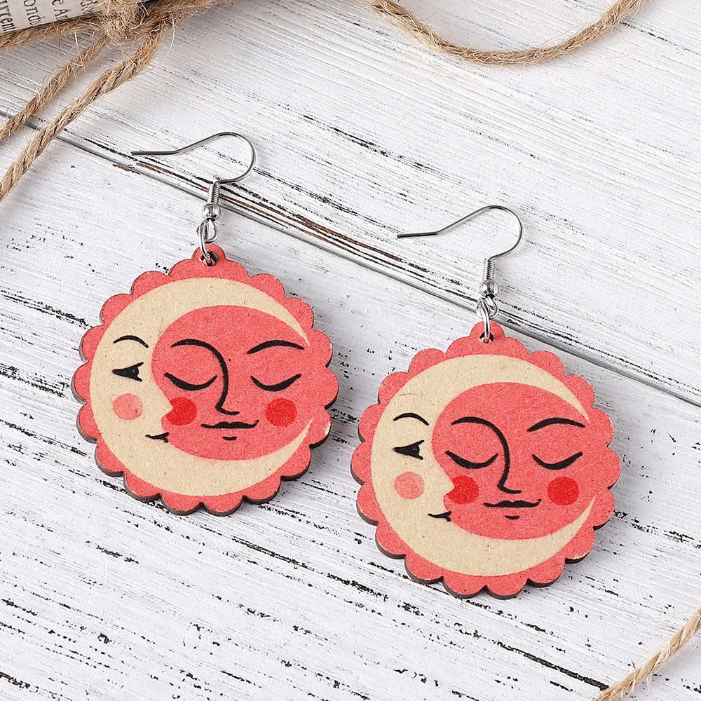 Wholesale Mother's Day Mom Earrings Double Sided Printed Wooden Sunflower Earrings