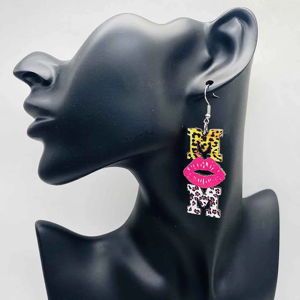 Wholesale Mother's Day MOM Leopard Pink Lip Print Wooden Earrings