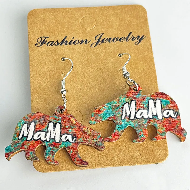 Wholesale Mother's Day Mother Bear Wooden Earrings