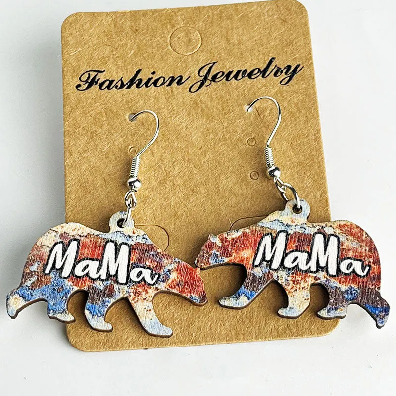 Wholesale Mother's Day Mother Bear Wooden Earrings