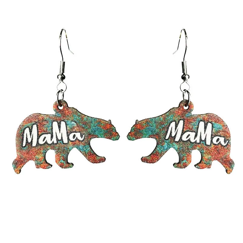 Wholesale Mother's Day Mother Bear Wooden Earrings