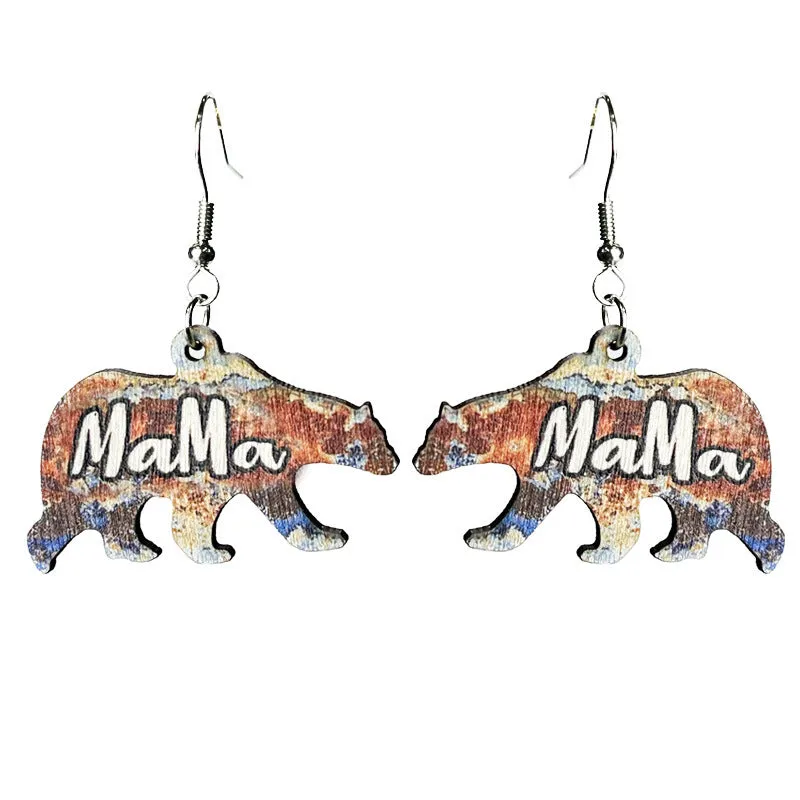 Wholesale Mother's Day Mother Bear Wooden Earrings