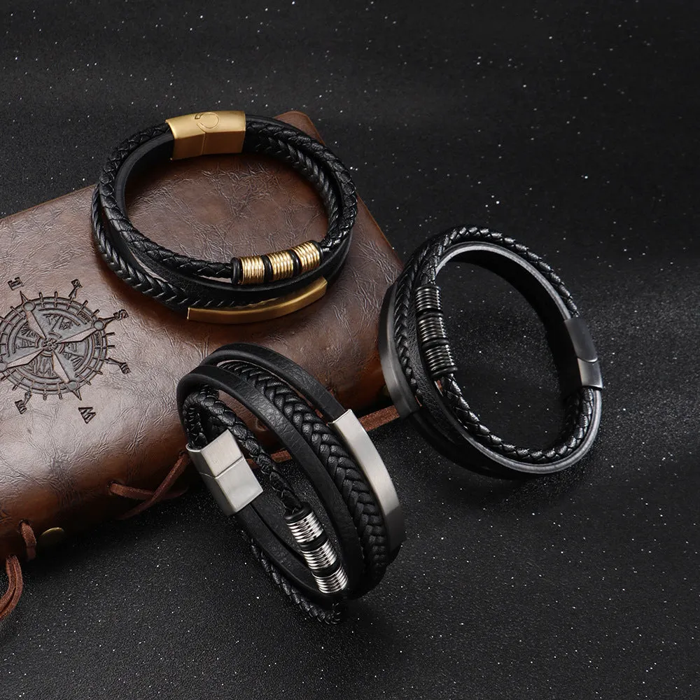 Wholesale Multi-layer Black Woven Popular Men's Leather Bracelet