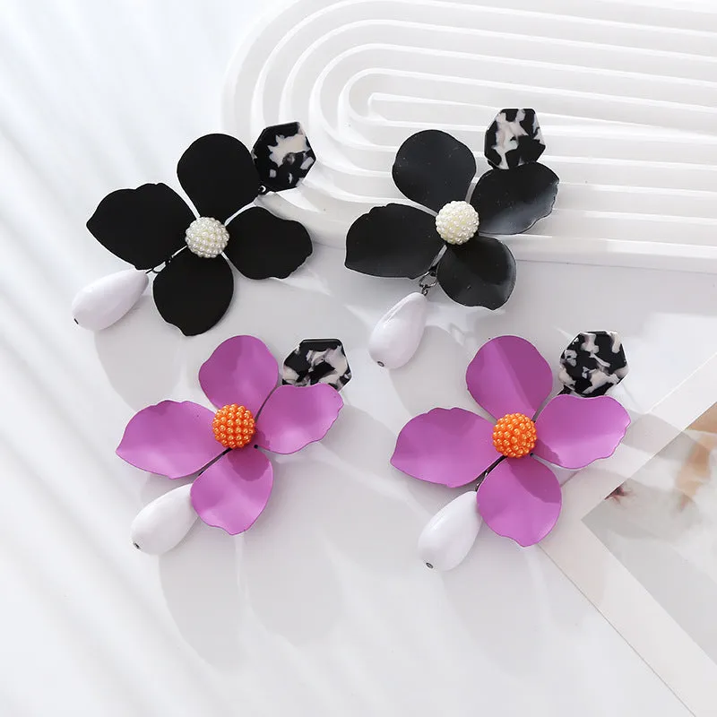 Wholesale Multi-layer Flower Alloy Paint Drop-shaped Pearl Earrings