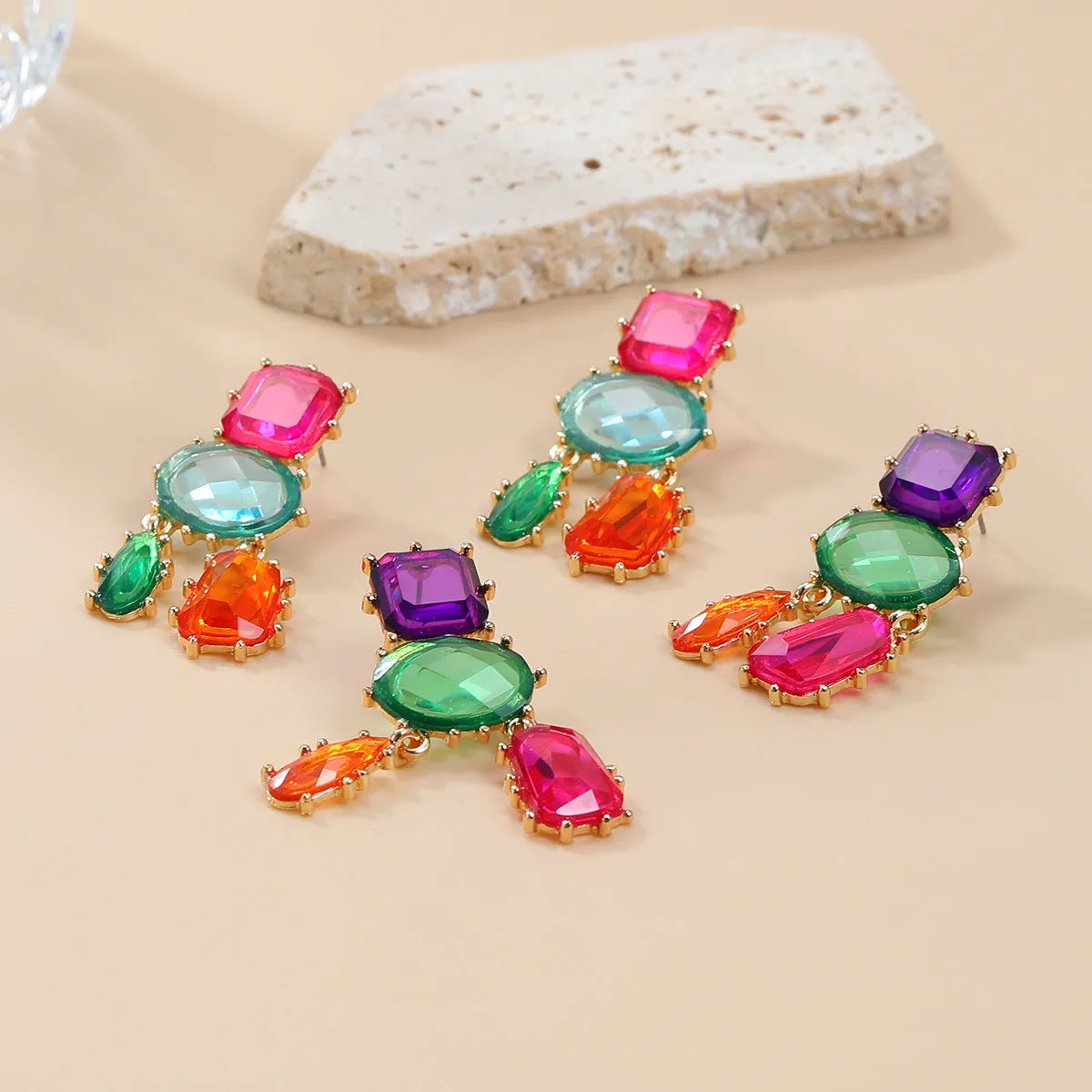 Wholesale Multi-layer Geometric Color Diamond Alloy Earrings