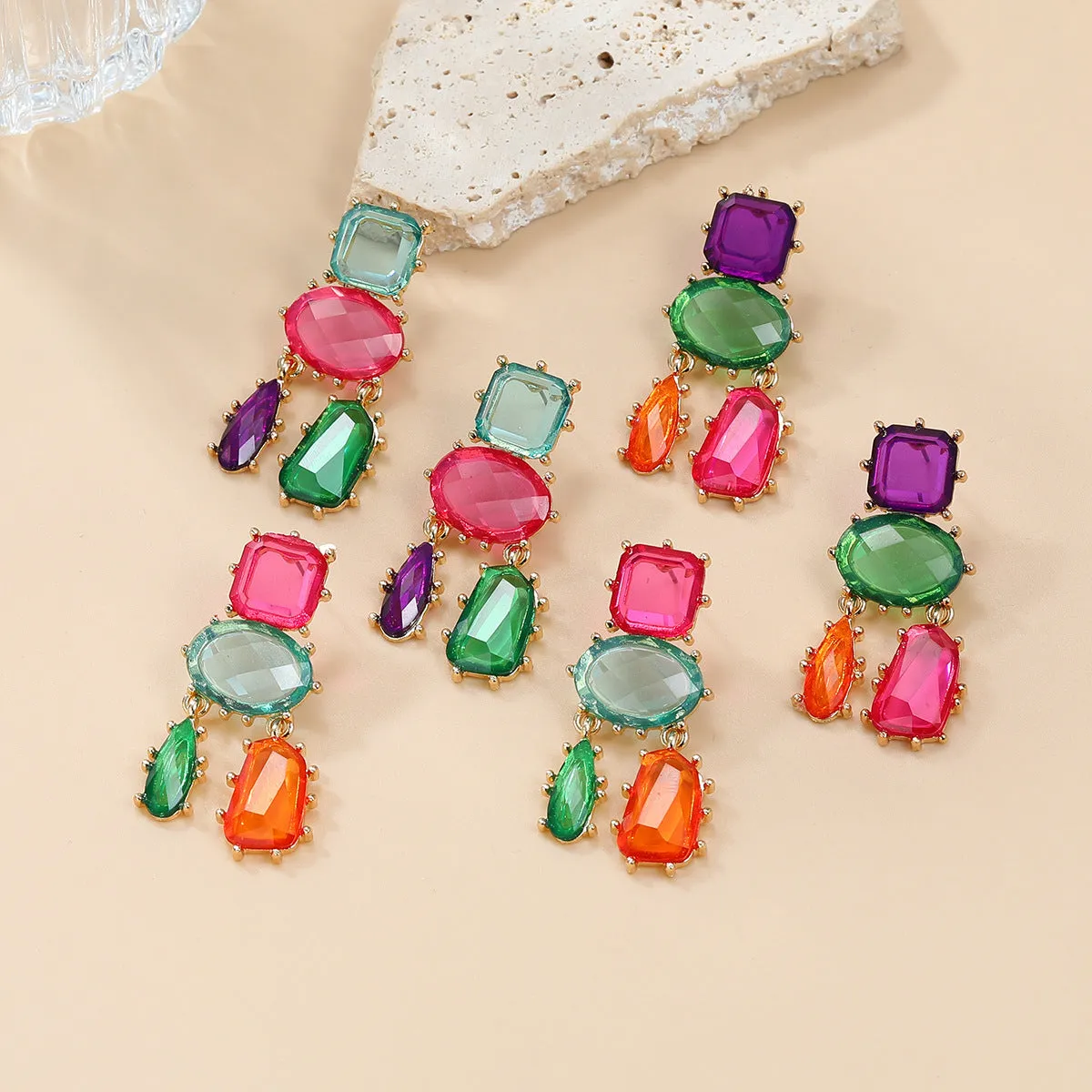Wholesale Multi-layer Geometric Color Diamond Alloy Earrings