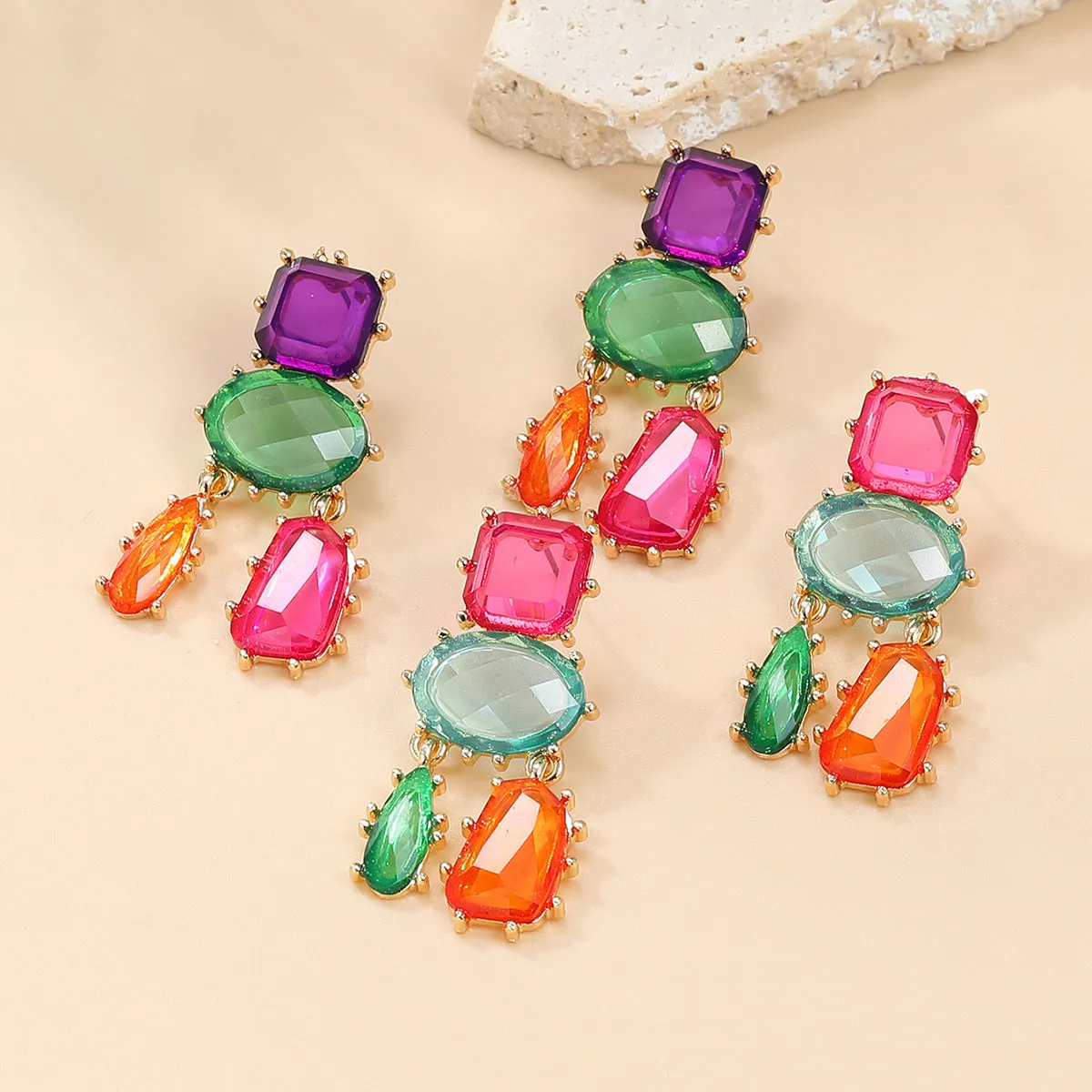 Wholesale Multi-layer Geometric Color Diamond Alloy Earrings