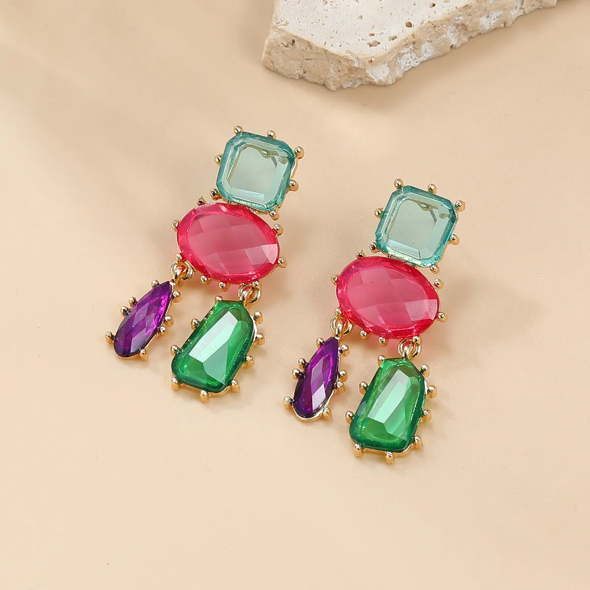 Wholesale Multi-layer Geometric Color Diamond Alloy Earrings