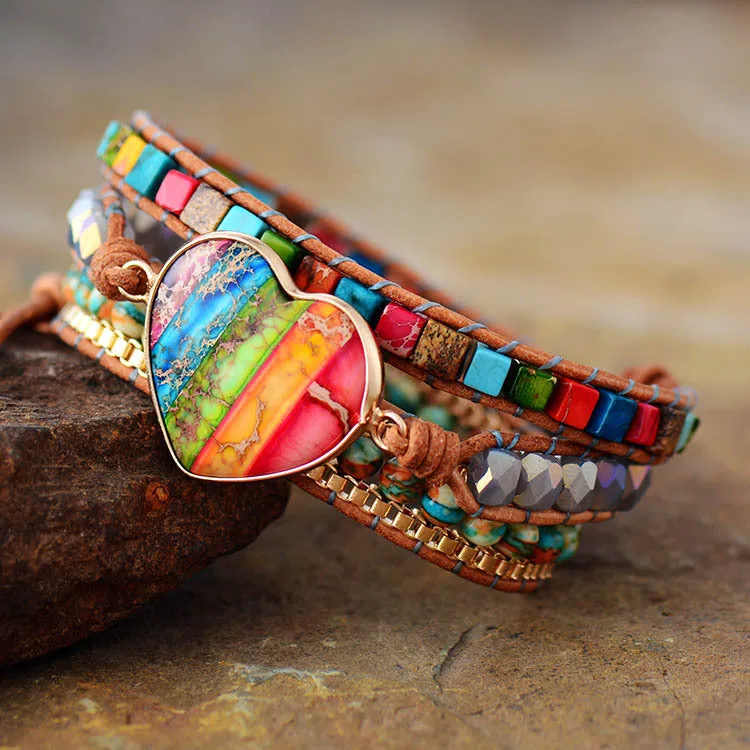 Wholesale Multi-Layer Woven Design Natural Emperor Stone Leather Bracelet