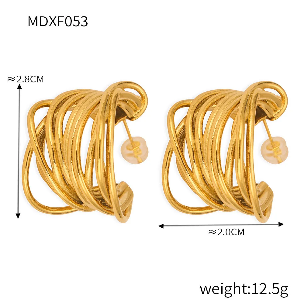 Wholesale Multi-layered Line Texture Stitching Titanium Steel 18k Gold Plated Earrings