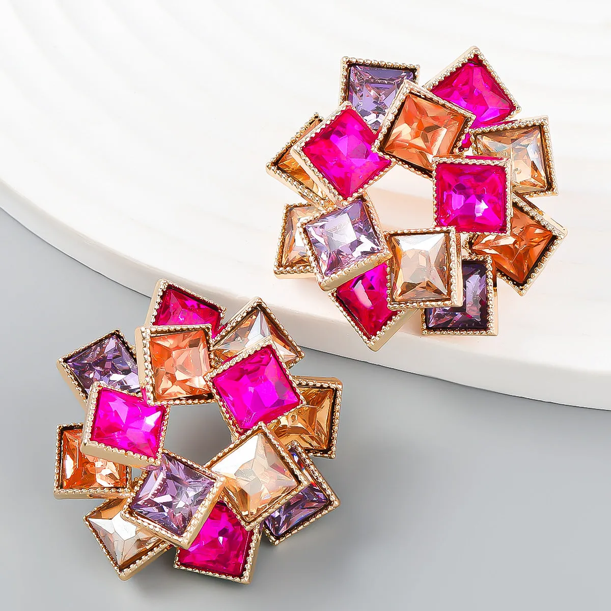 Wholesale Multi-layered Square Rhinestone Pinwheel-shaped Alloy Diamond Earrings