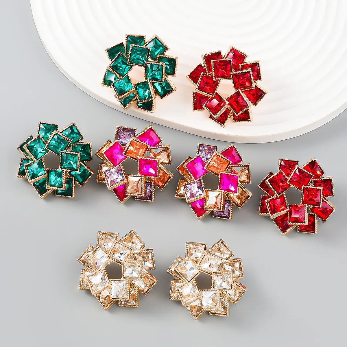 Wholesale Multi-layered Square Rhinestone Pinwheel-shaped Alloy Diamond Earrings