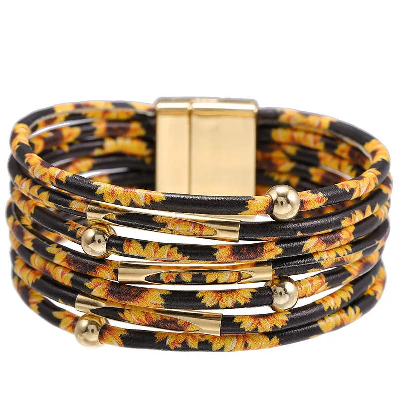 Wholesale Multilayer Leather Magnet Buckle Little Daisy Leopard Bracelet Jewelry Set