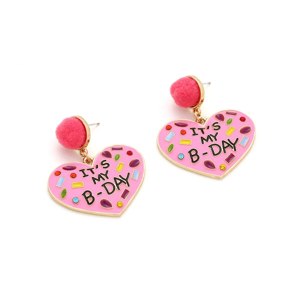 Wholesale My Birthday Colorful Diamond Enamel Heart-shaped Hair Ball Zinc Alloy Earrings