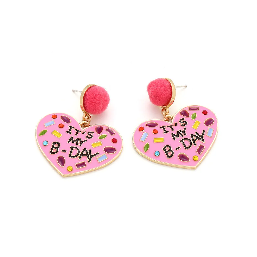 Wholesale My Birthday Colorful Diamond Enamel Heart-shaped Hair Ball Zinc Alloy Earrings