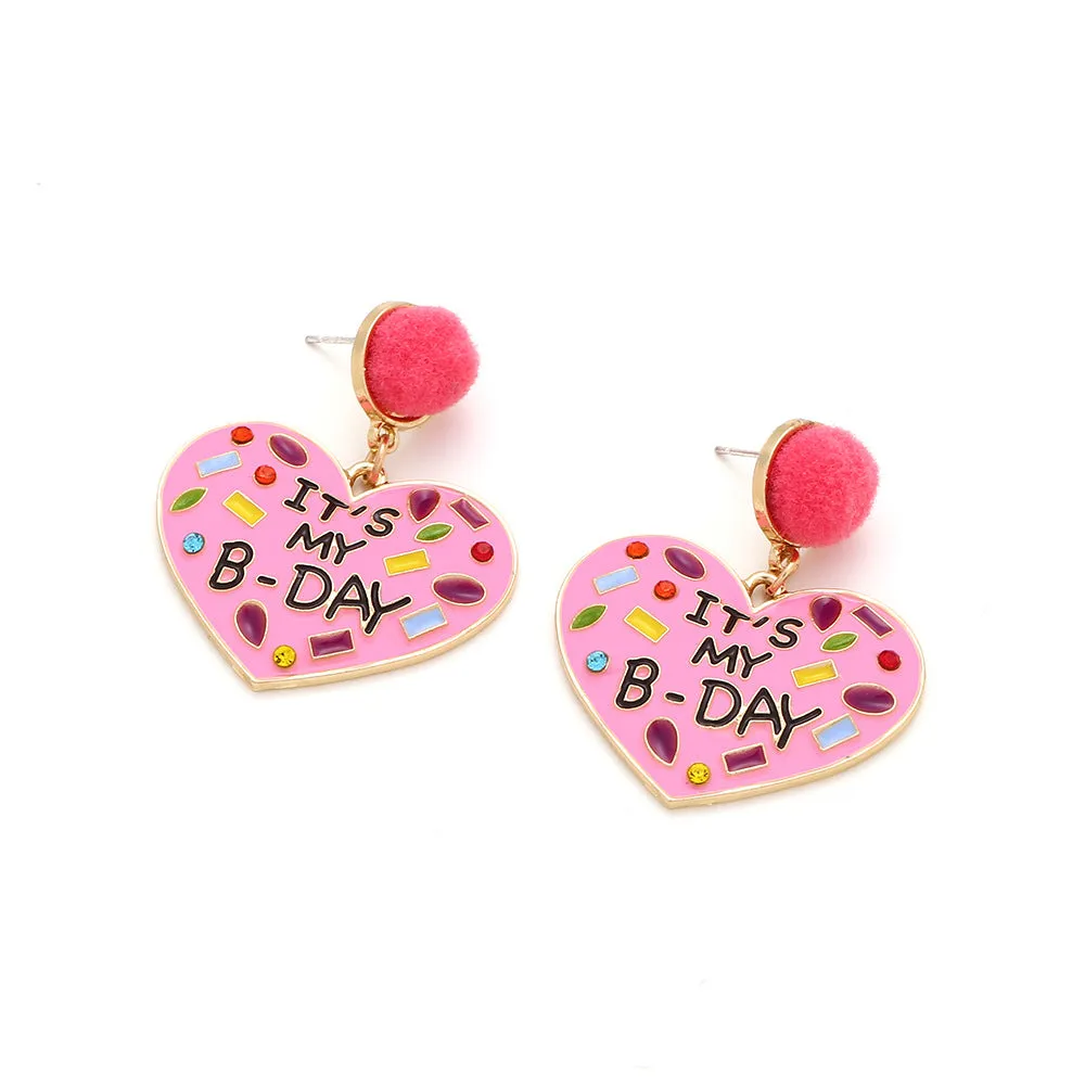 Wholesale My Birthday Colorful Diamond Enamel Heart-shaped Hair Ball Zinc Alloy Earrings