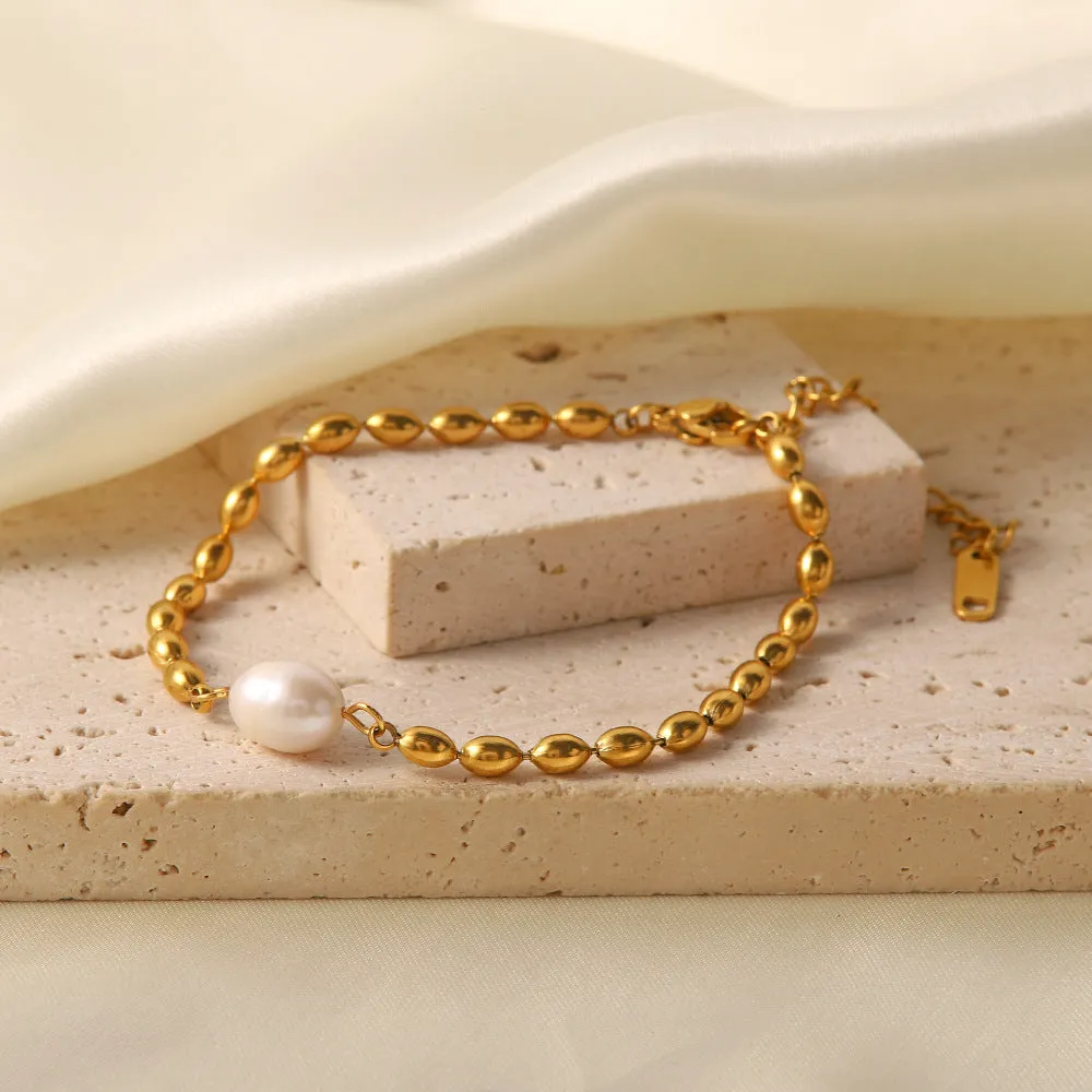 Wholesale Natural Freshwater Pearl Oval Golden Peas Titanium Steel Bracelet