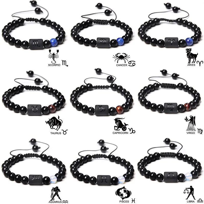 Wholesale Natural Onyx Beads Twelve Constellation Braided Men's Stretchable Bracelet