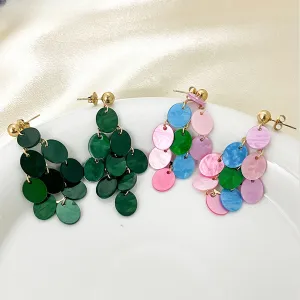 Wholesale Natural Shell Hand-stitched Dark Green Disc Mesh Tassel Earrings