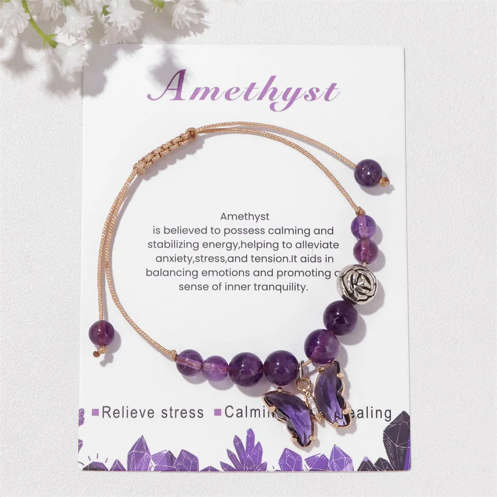 Wholesale Natural Stone Amethyst Butterfly Pendant Handwoven Bracelet