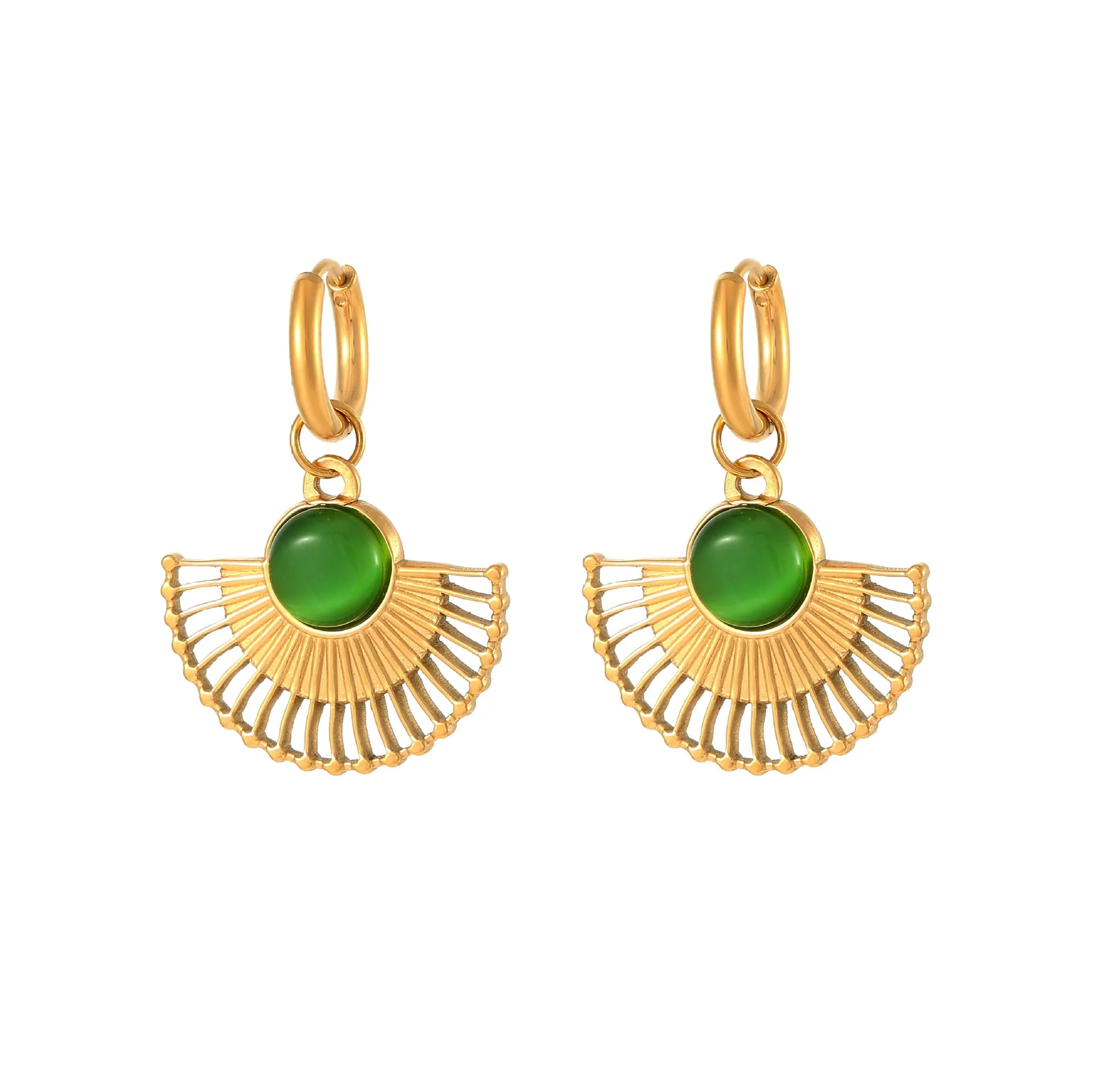 Wholesale Natural Turquoise Fan-shaped Hollow Stainless Steel Earrings