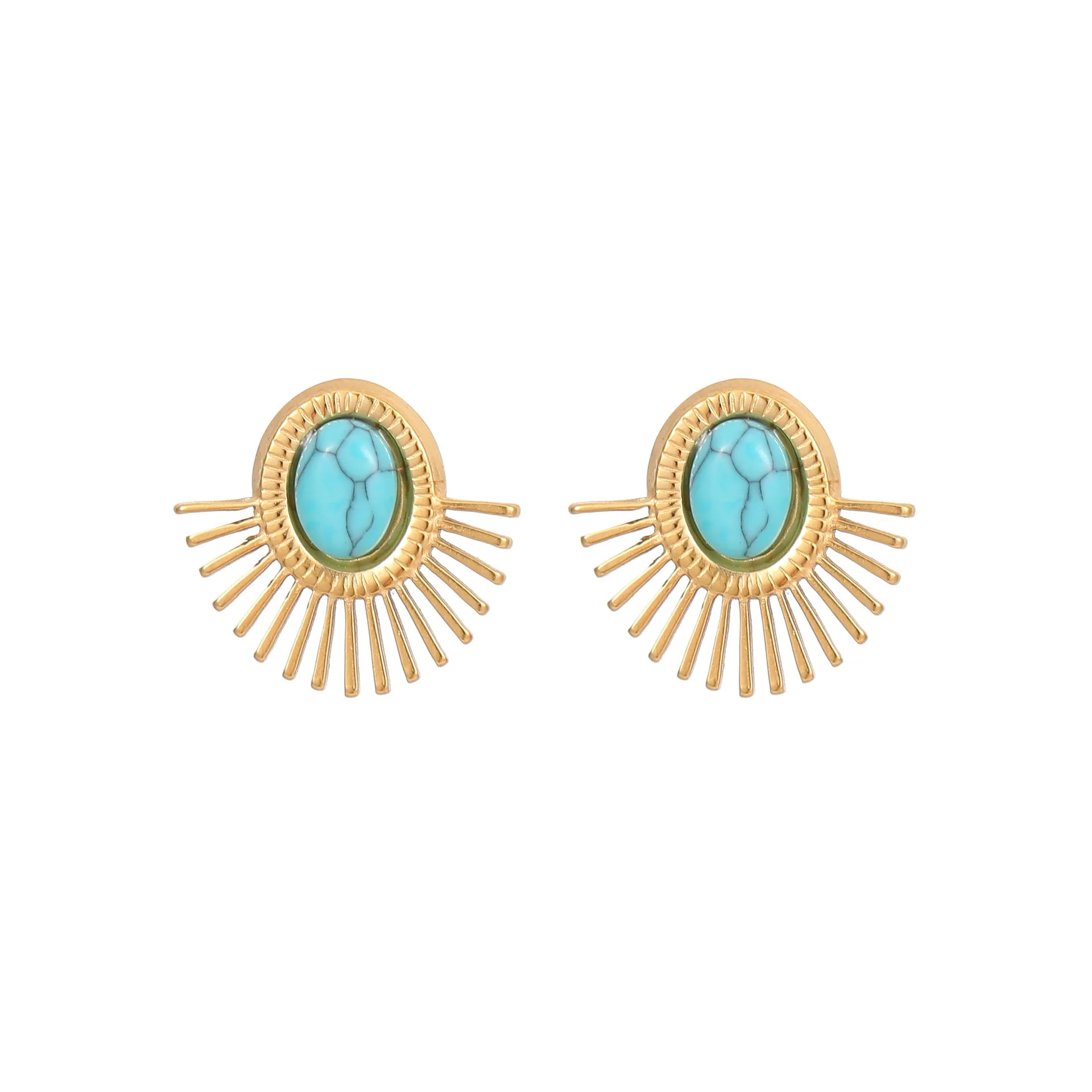 Wholesale Natural Turquoise Fan-shaped Hollow Stainless Steel Earrings