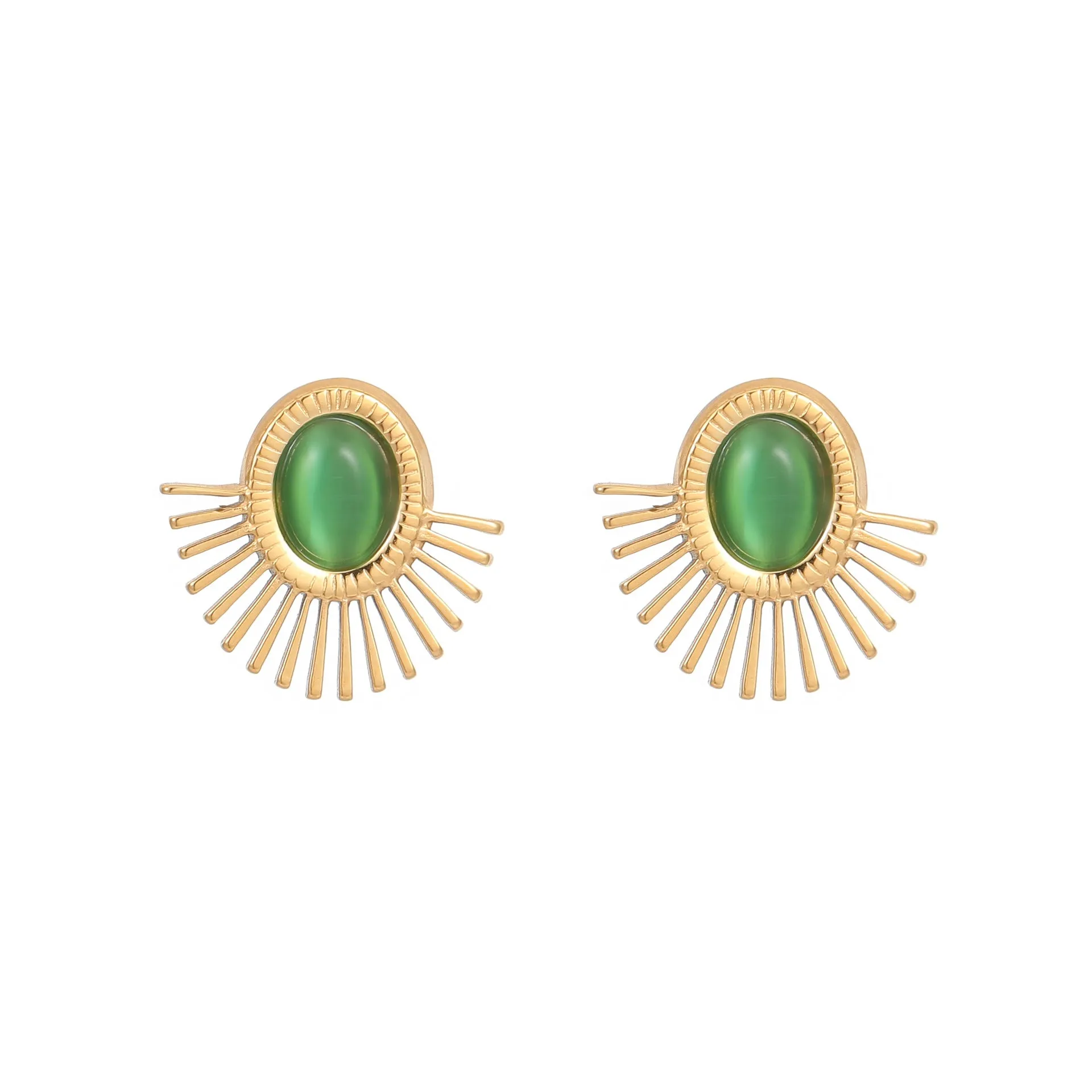 Wholesale Natural Turquoise Fan-shaped Hollow Stainless Steel Earrings