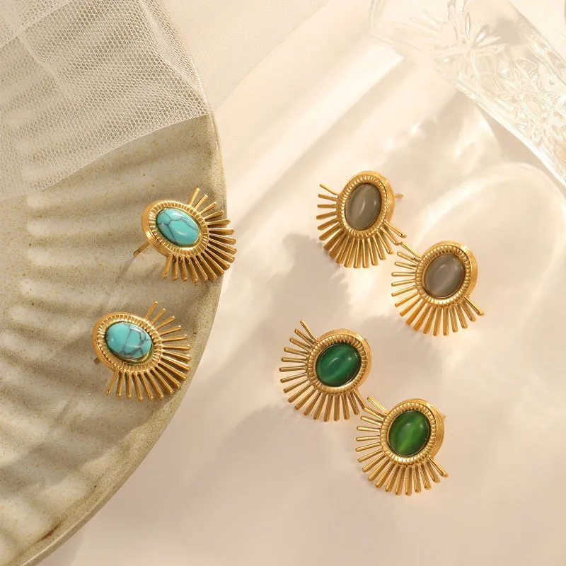Wholesale Natural Turquoise Fan-shaped Hollow Stainless Steel Earrings