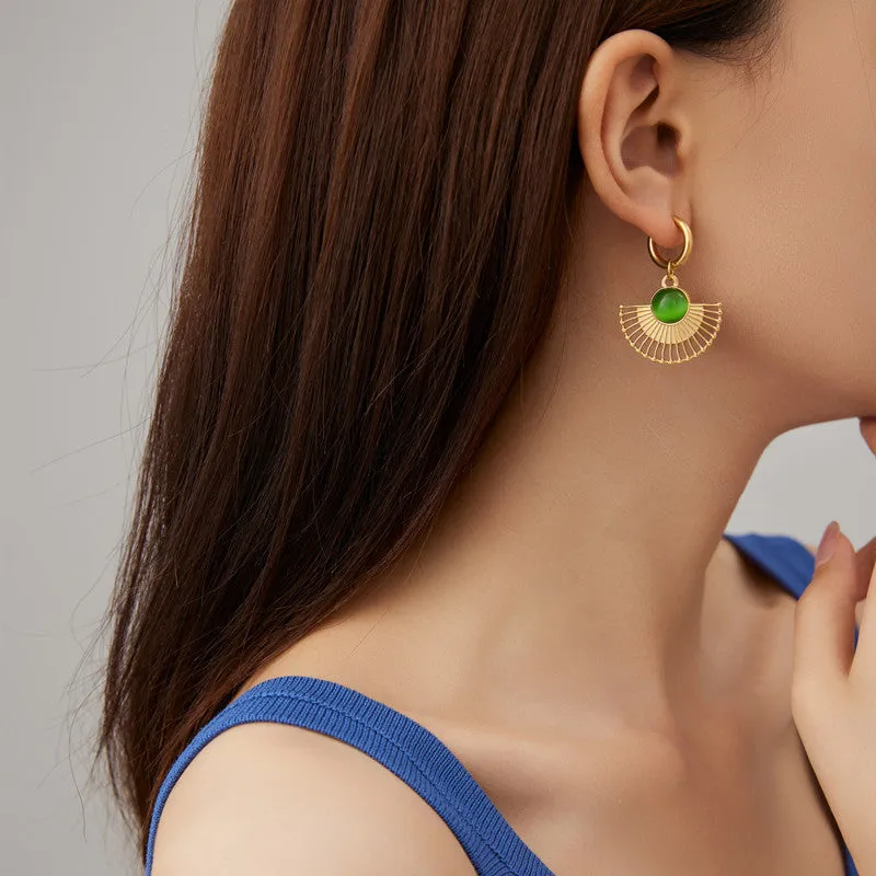 Wholesale Natural Turquoise Fan-shaped Hollow Stainless Steel Earrings