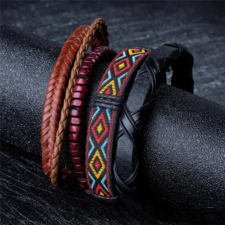 Wholesale Nepalese Handmade Wooden Beads Leather Multi-layer Woven Bracelet Set