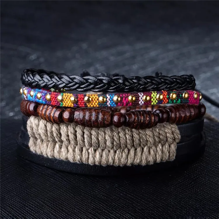 Wholesale Nepalese Handmade Wooden Beads Leather Multi-layer Woven Bracelet Set