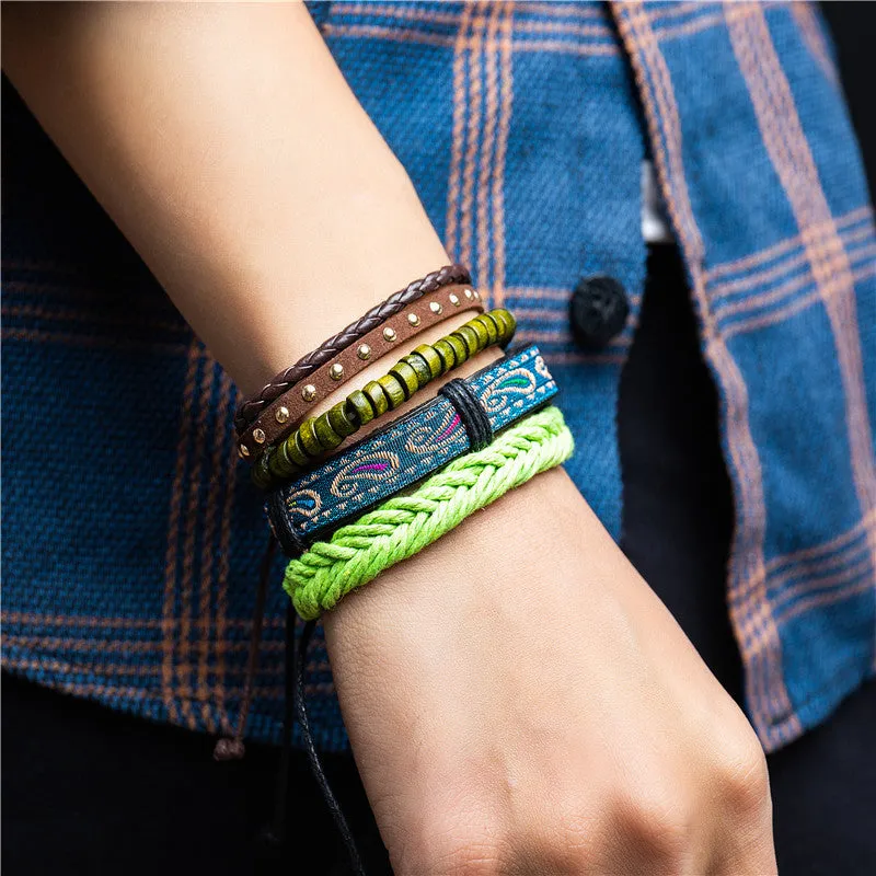 Wholesale Nepalese Handmade Wooden Beads Leather Multi-layer Woven Bracelet Set