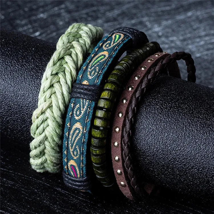 Wholesale Nepalese Handmade Wooden Beads Leather Multi-layer Woven Bracelet Set