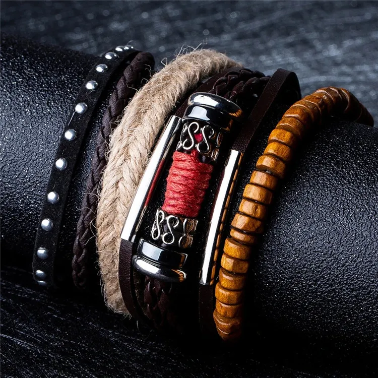 Wholesale Nepalese Handmade Wooden Beads Leather Multi-layer Woven Bracelet Set