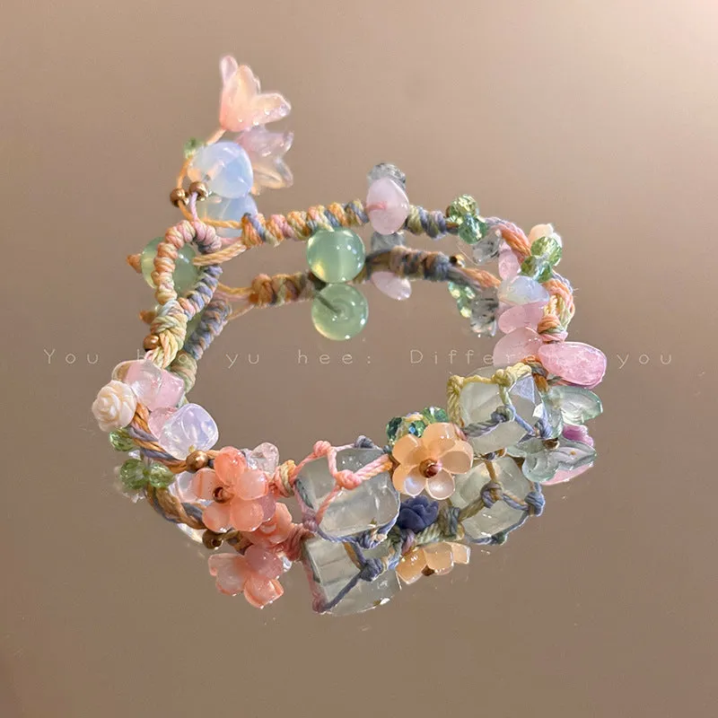 Wholesale New Chinese forest style hand-woven colorful flower bracelet irregular natural stone bracelet